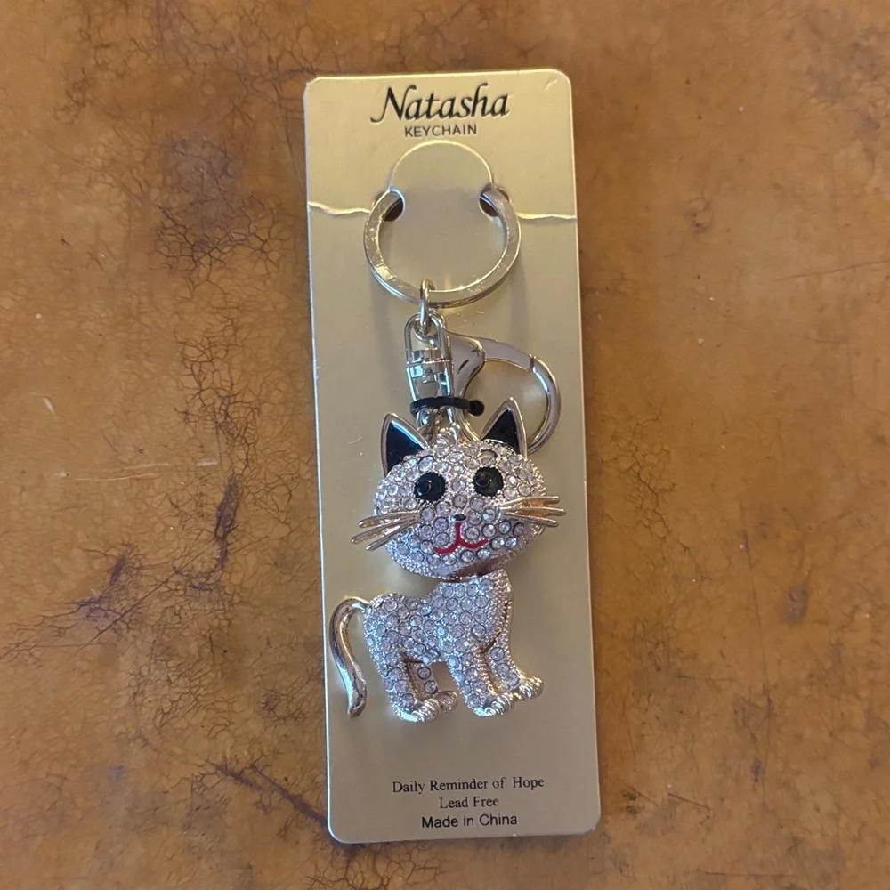 Natasha Couture Glittering Cat Keychain - Silver and Black